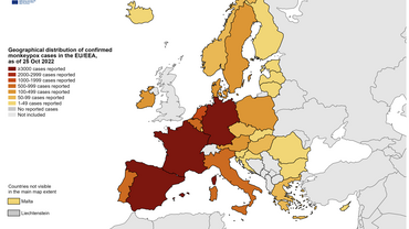 Geographical distribution of confirmed monkeypox cases in the EU/EEA since the start of the outbreak, and as of 25 October 2022
