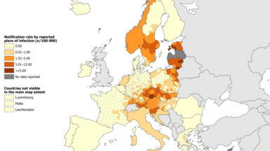Notification rates of confirmed locally-acquired tick-borne encephalitis cases per 100 000 population, EU/EEA countries, 2022