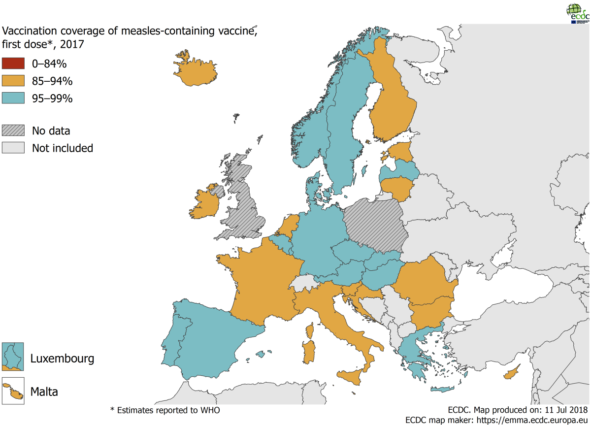 Vaccination coverage for the first dose of measles-containing vaccine ...
