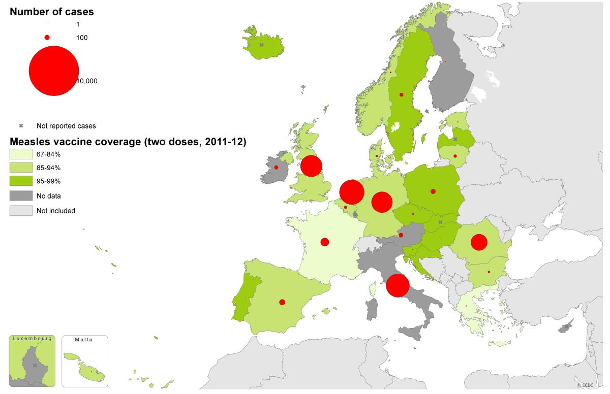 Measles vaccination coverage, two doses, 2011-12, and the number of ...