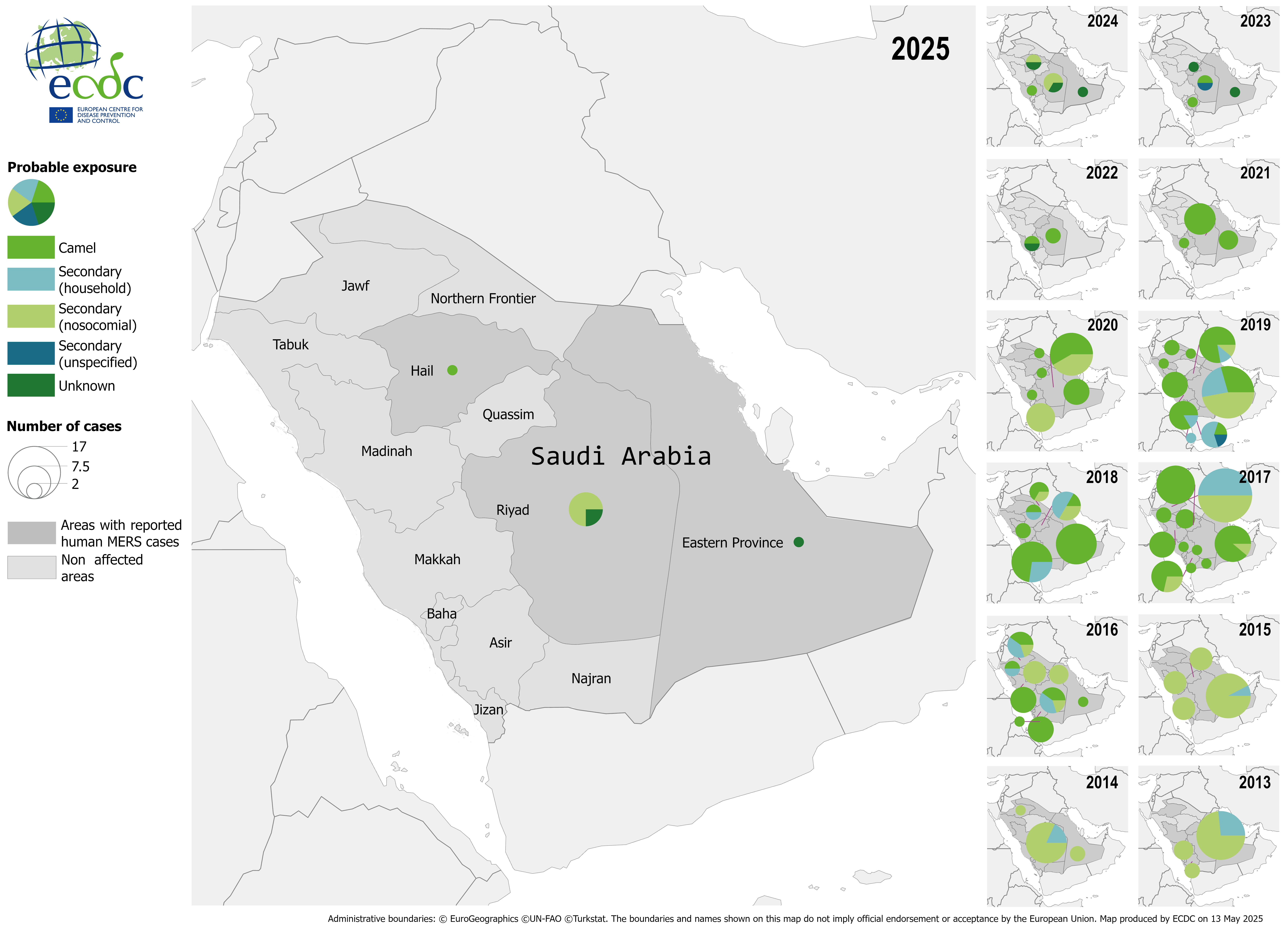 Figure 2. Geographical distribution of confirmed cases of MERS in Saudi Arabia by probable region of infection and exposure, with dates of onset from January 2013 to March 2025