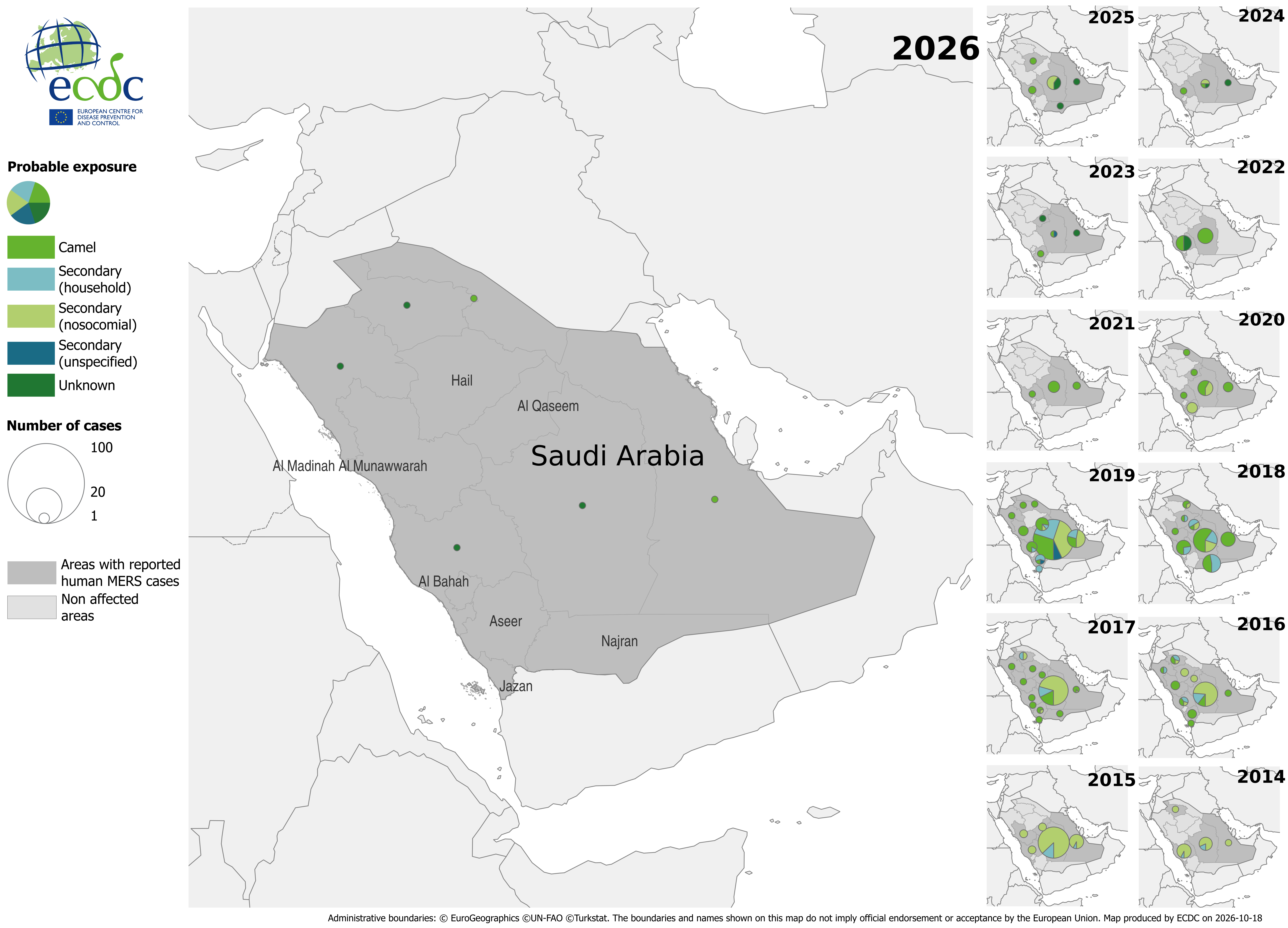 Figure 2. Geographical distribution of confirmed cases of MERS in Saudi Arabia by probable region of infection and exposure, with dates of onset from January 2014 to October 2026