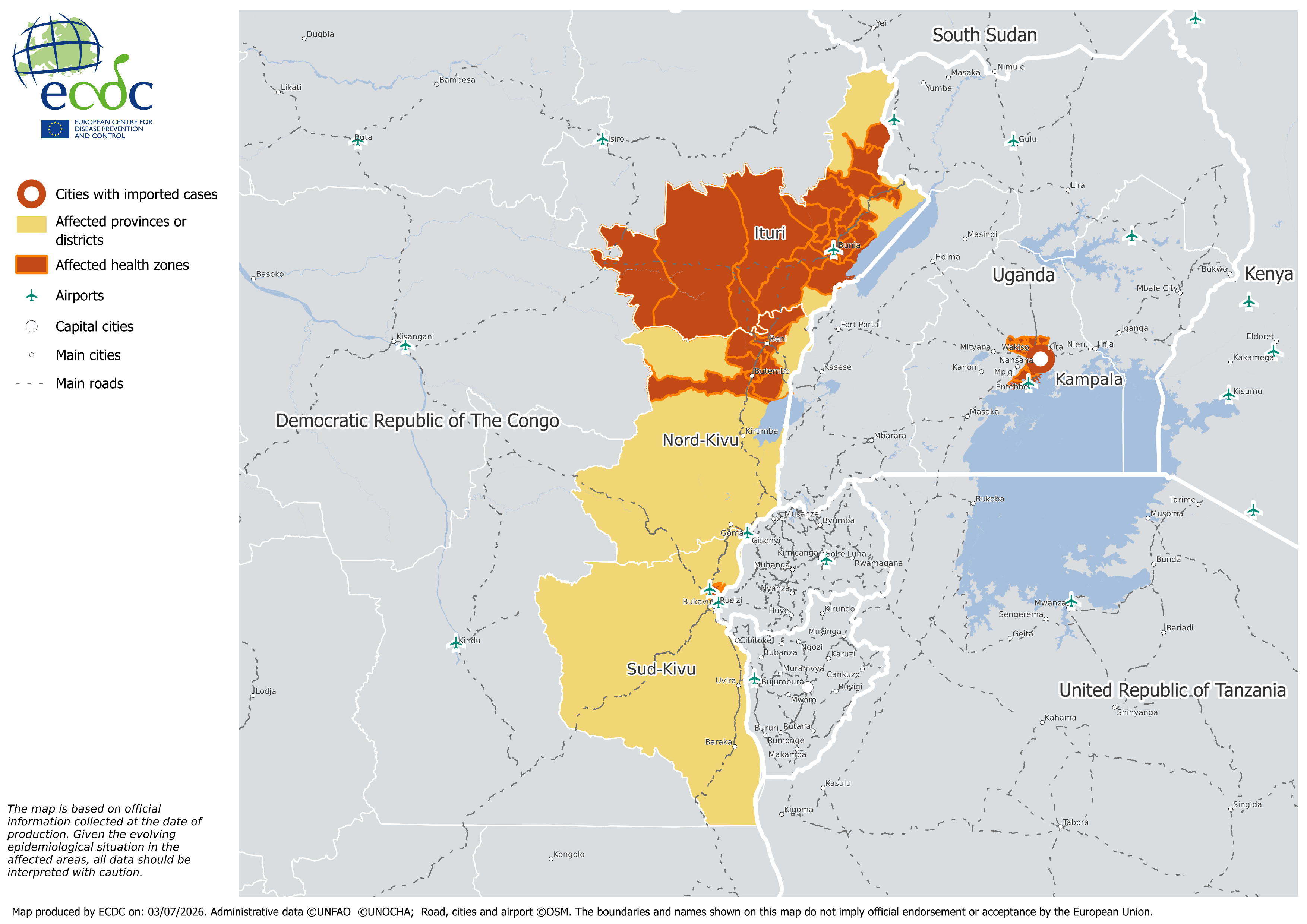 Figure 1. Ebola disease outbreak caused by Bundibugyo virus – Democratic Republic of the Congo and Uganda - 2026 - Map of the affected areas