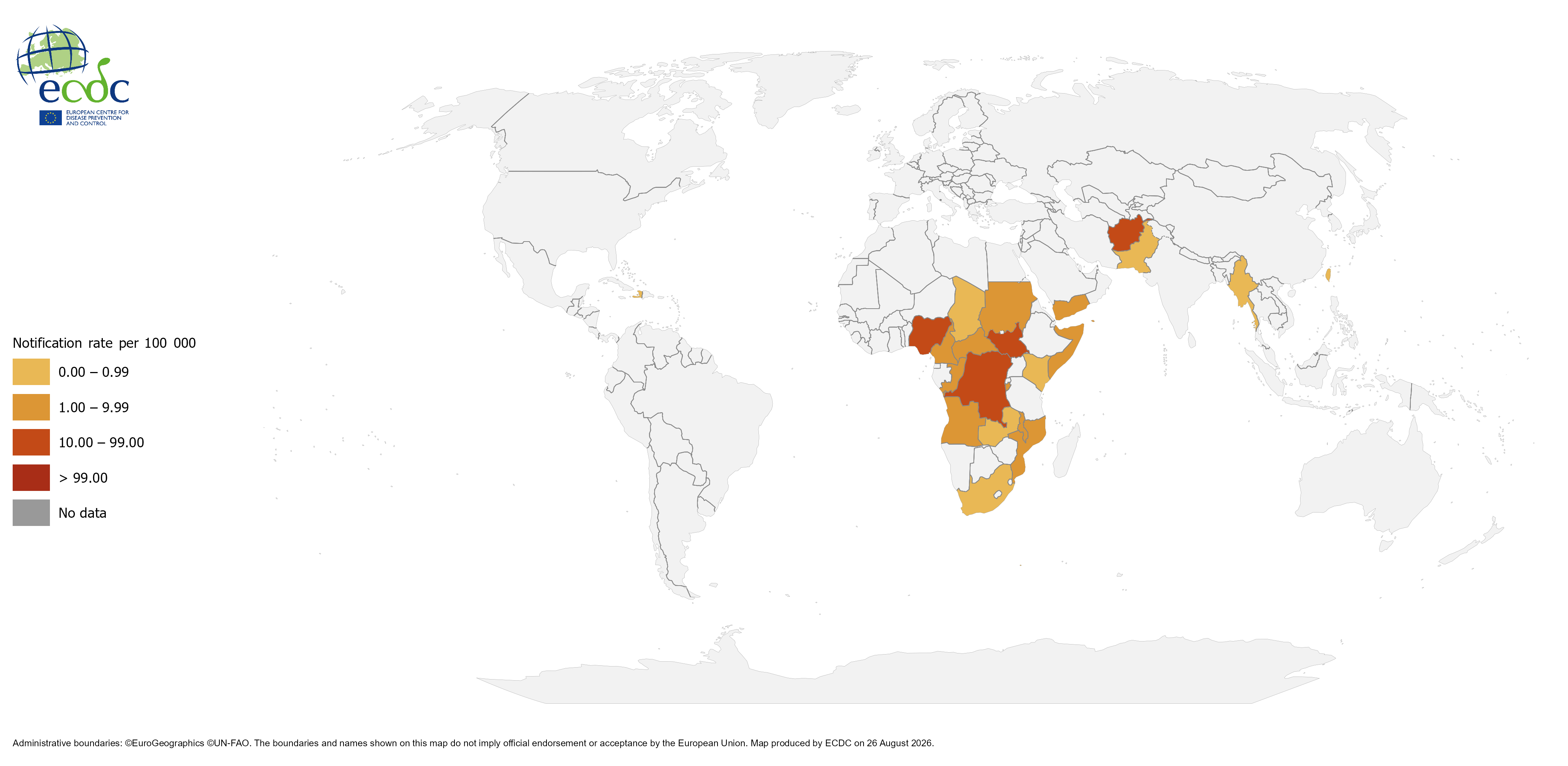 Figure 2. Georgraphical distribution of cholera cases reported worldwide from June 2026 to August 2026