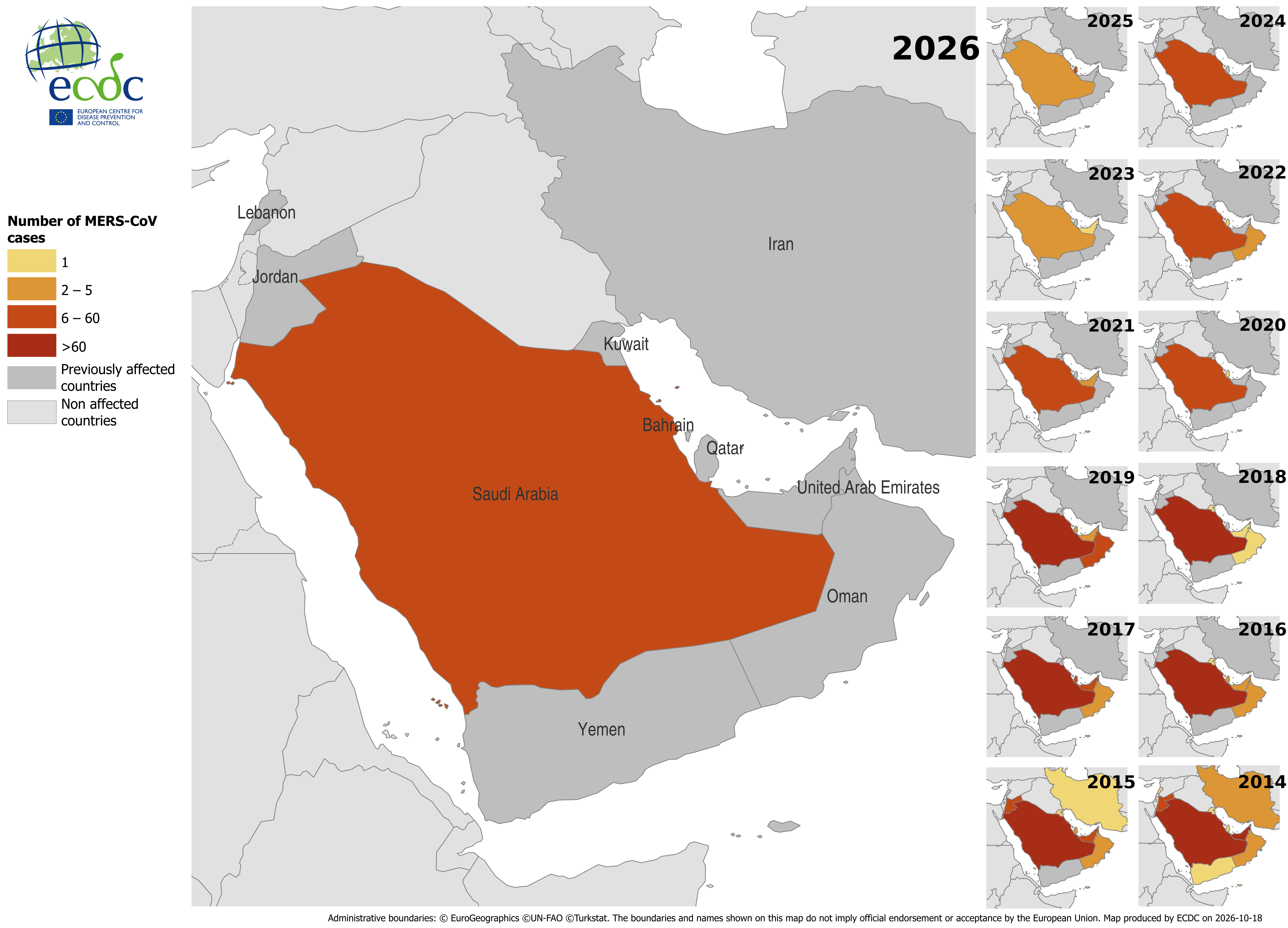 Figure 3. Distribution of confirmed cases of MERS by place of infection and year of onset, January 2014 – October 2026