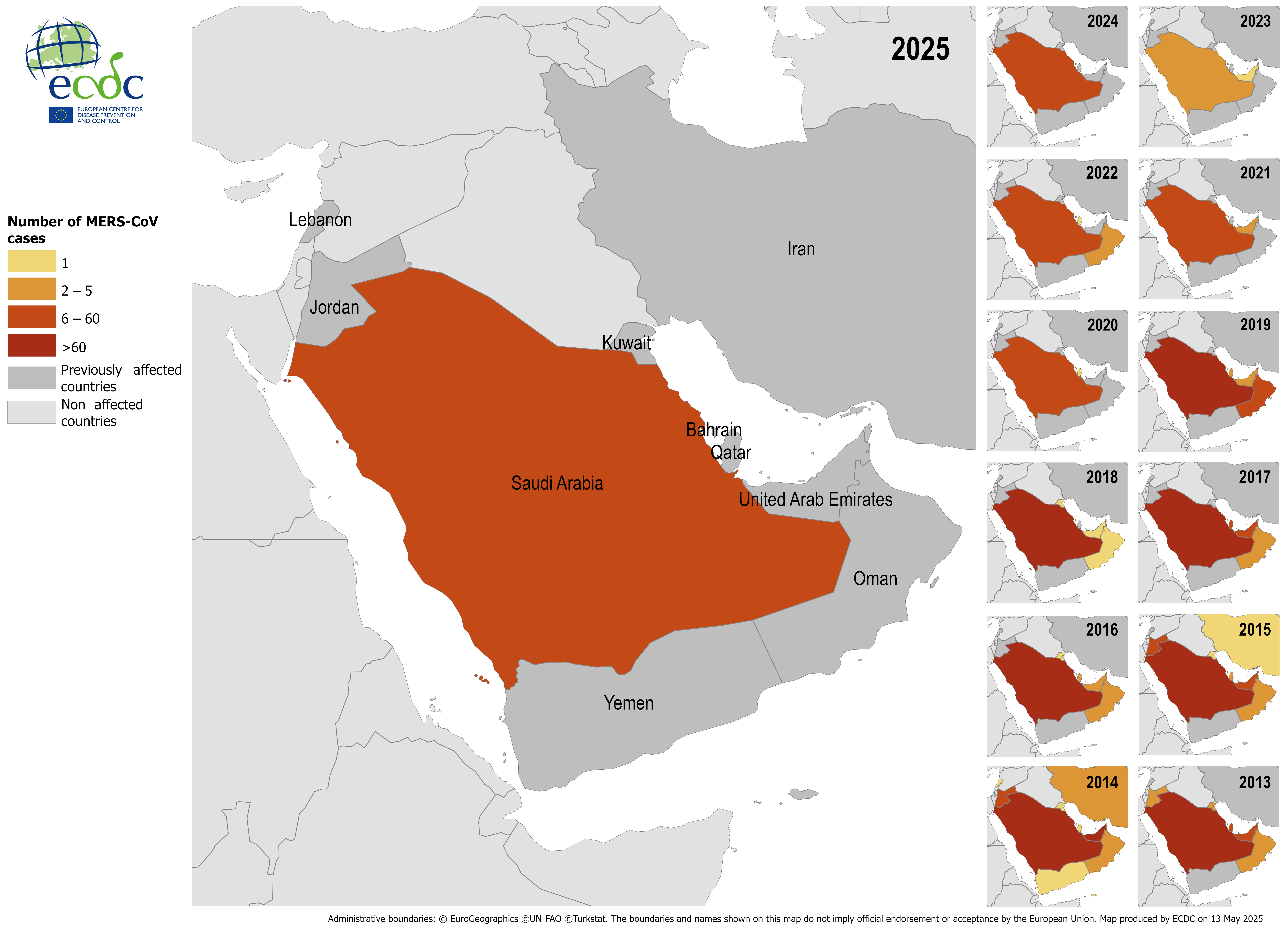 Figure 3. Distribution of confirmed cases of MERS by place of infection and year of onset, January 2013 – April 2025