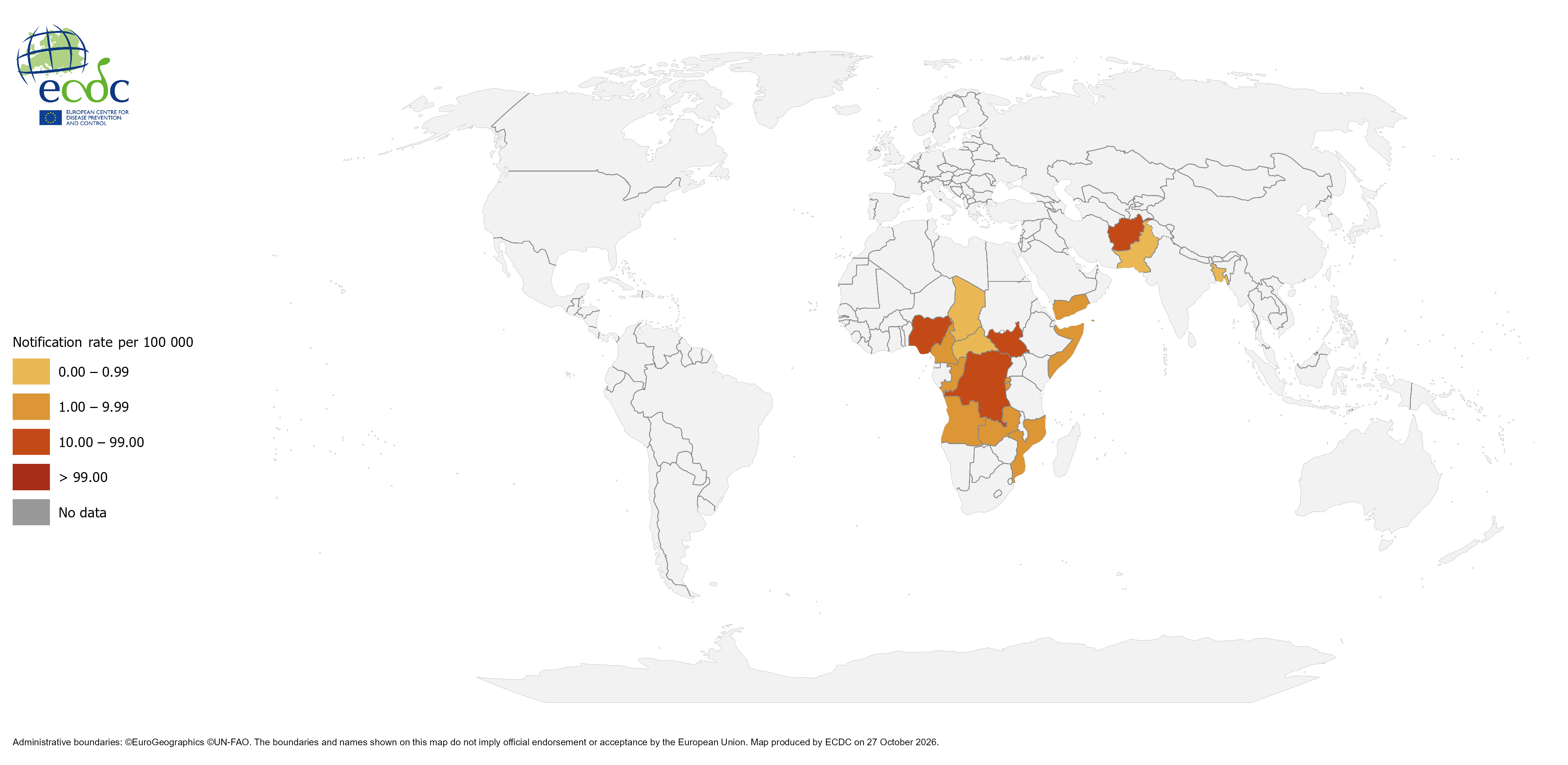 Figure 1. Geographical distribution of cholera cases reported worldwide from August to October 2026