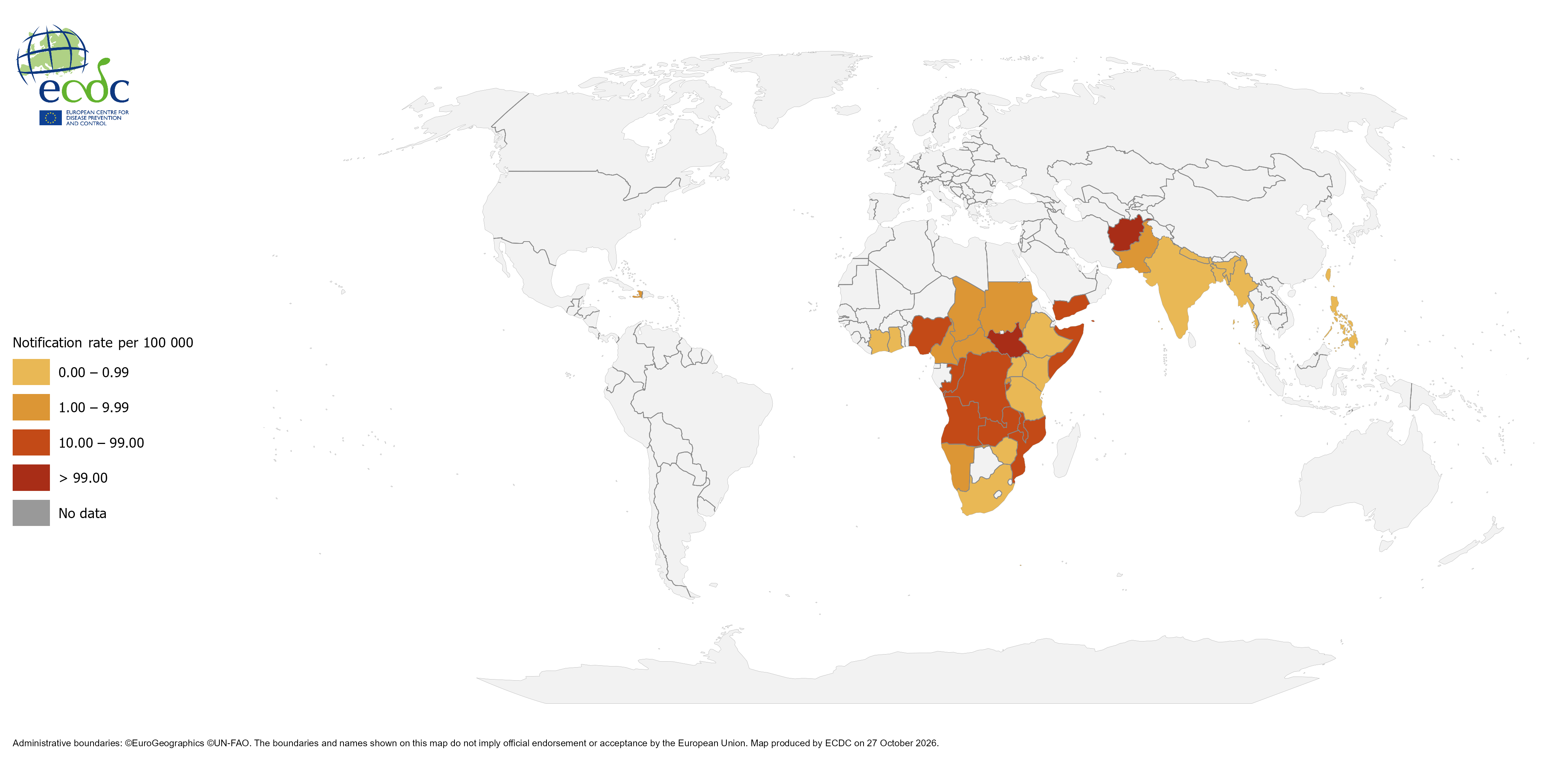 Figure 2. Geographical distribution of cholera cases reported worldwide from October 2025 to October 2025