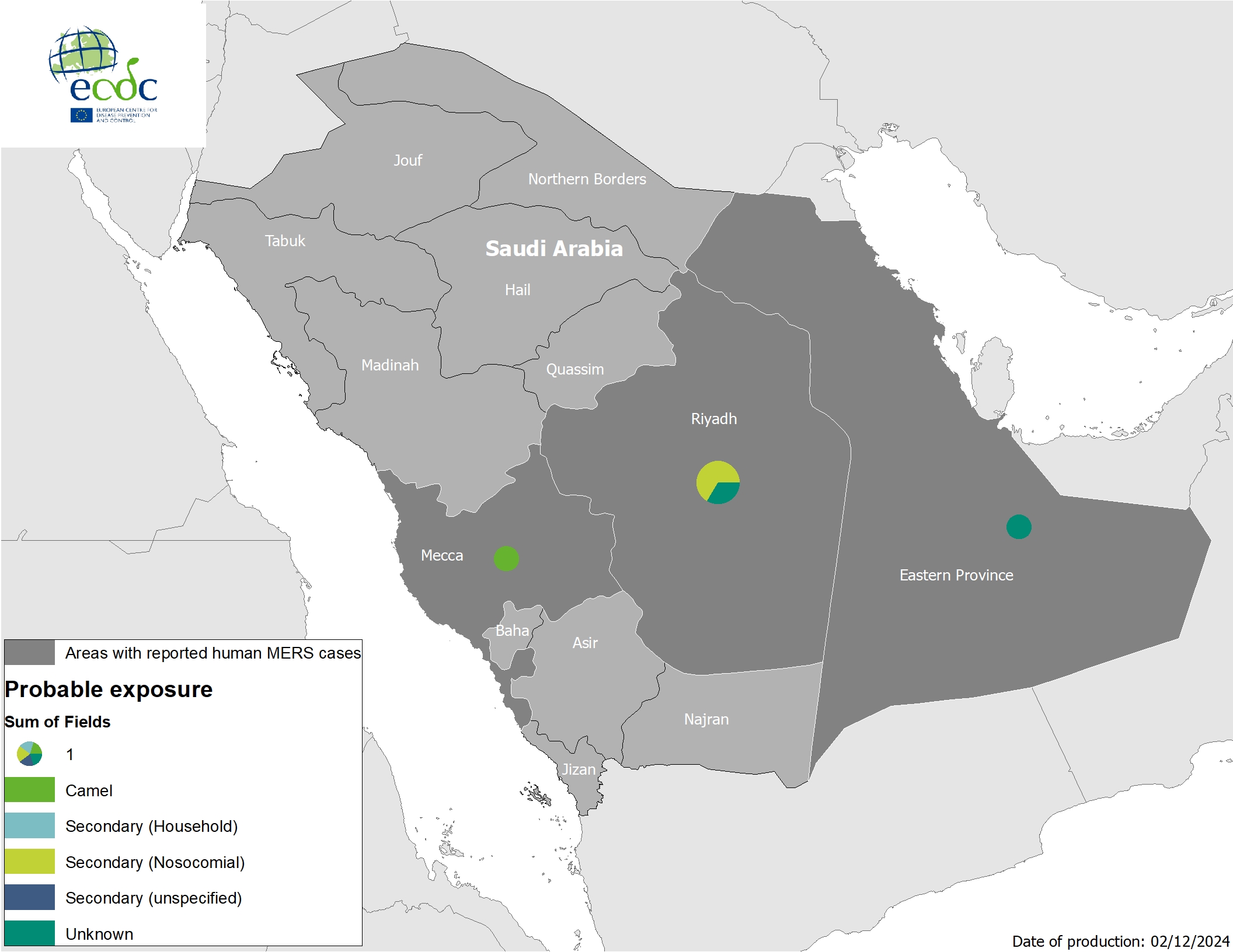 Figure 2. Geographical distribution of confirmed cases of MERS in Saudi Arabia by probable region of infection and exposure, with dates of onset from 1 January to 2 December 2024
